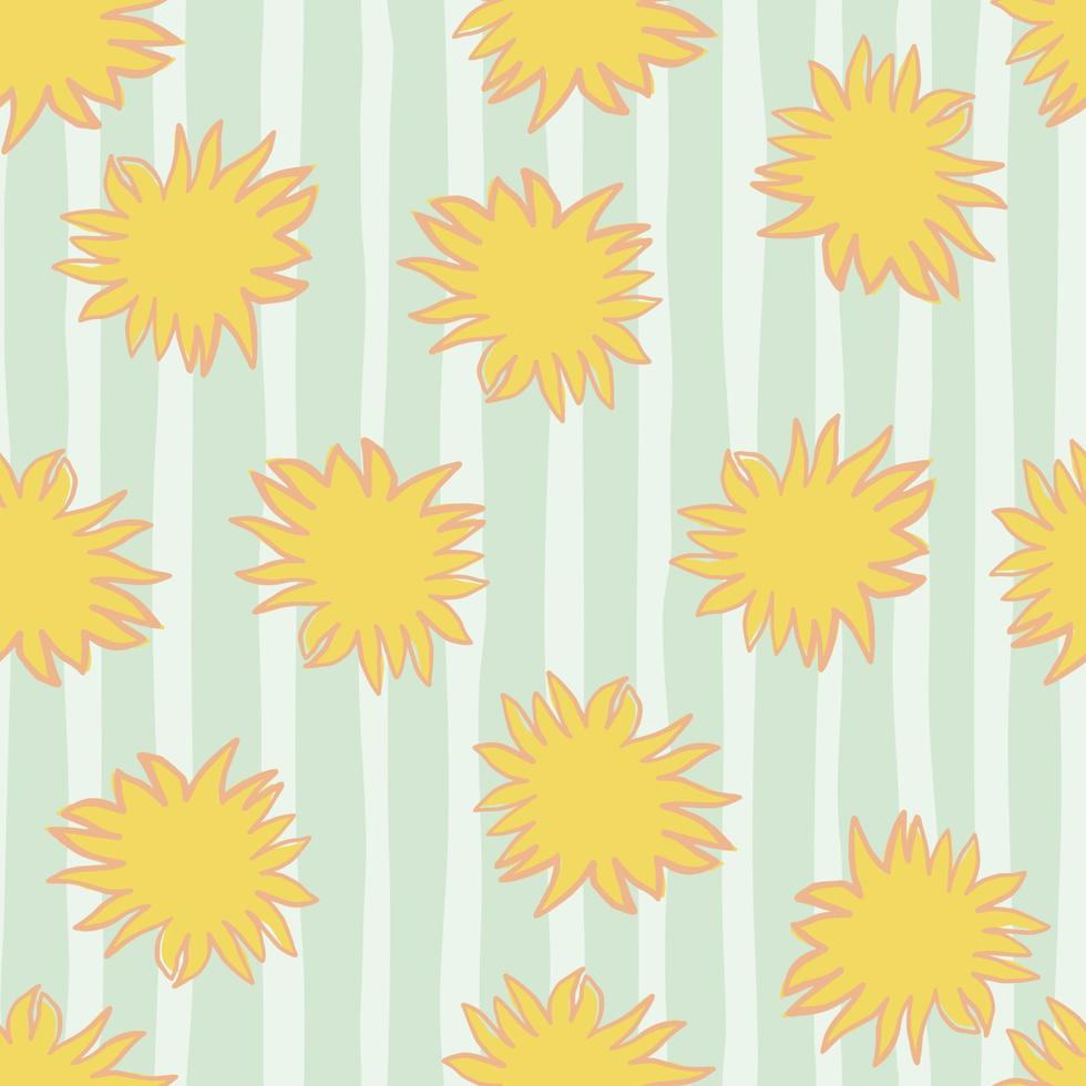 Cartoon seamless pattern with yellow sun silhouettes. Star ornament on blue striped background. vector