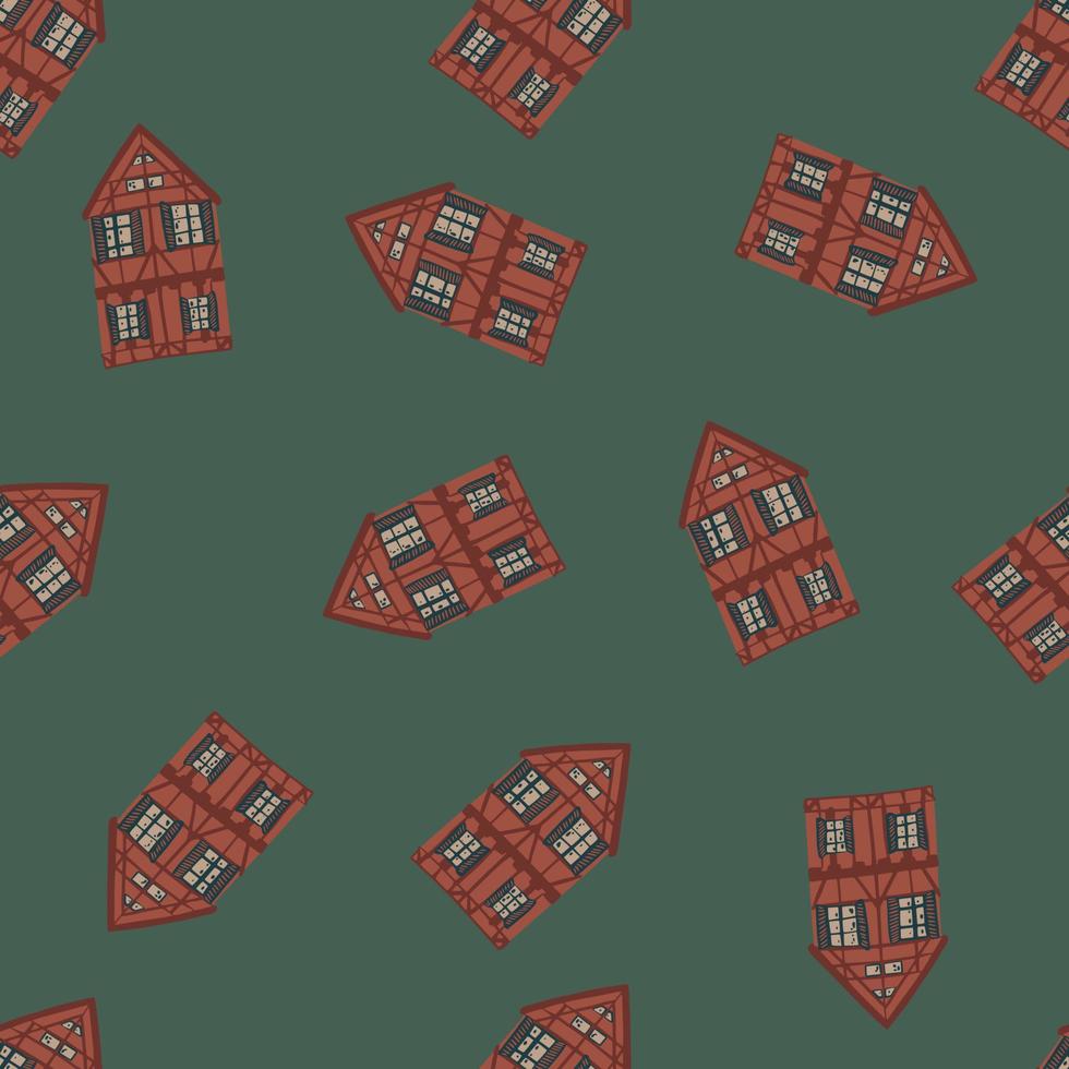 Seamless random pattern with maroon house building silhouette. Dark green background. vector