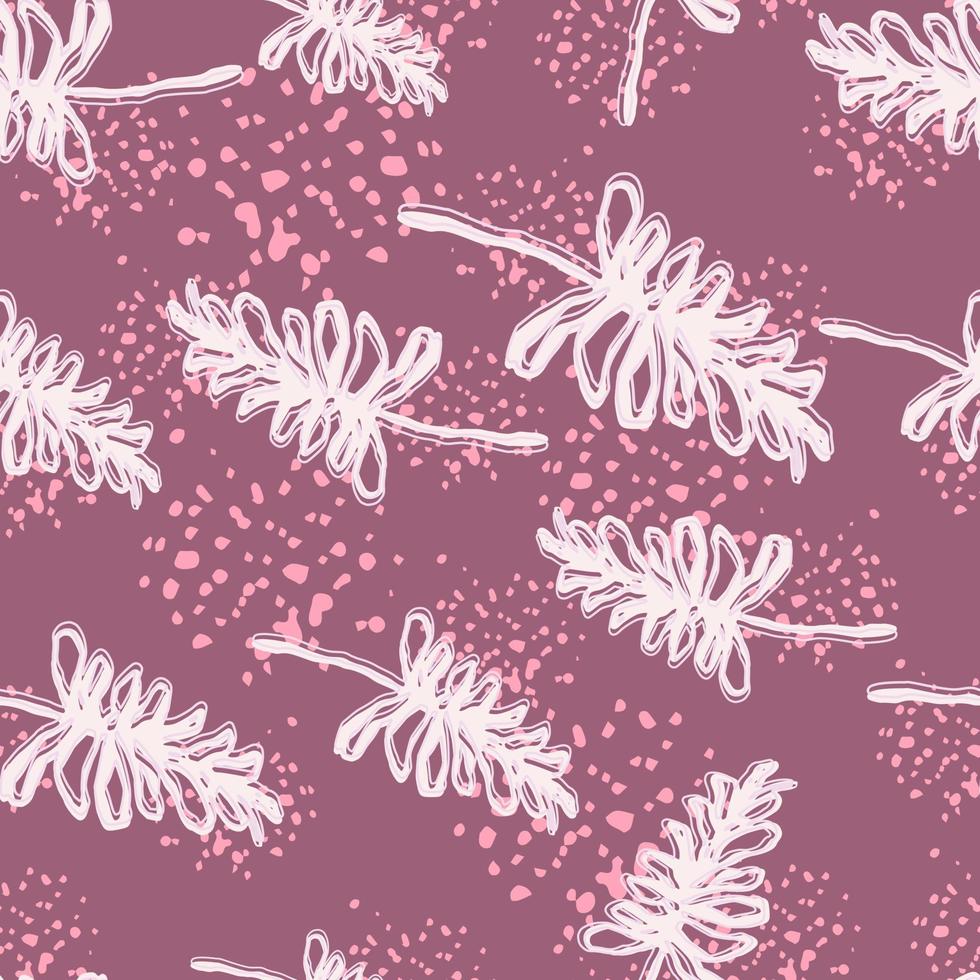 Random seamless doodle pattern with white outline branches. Light purple background with pink splashes. vector