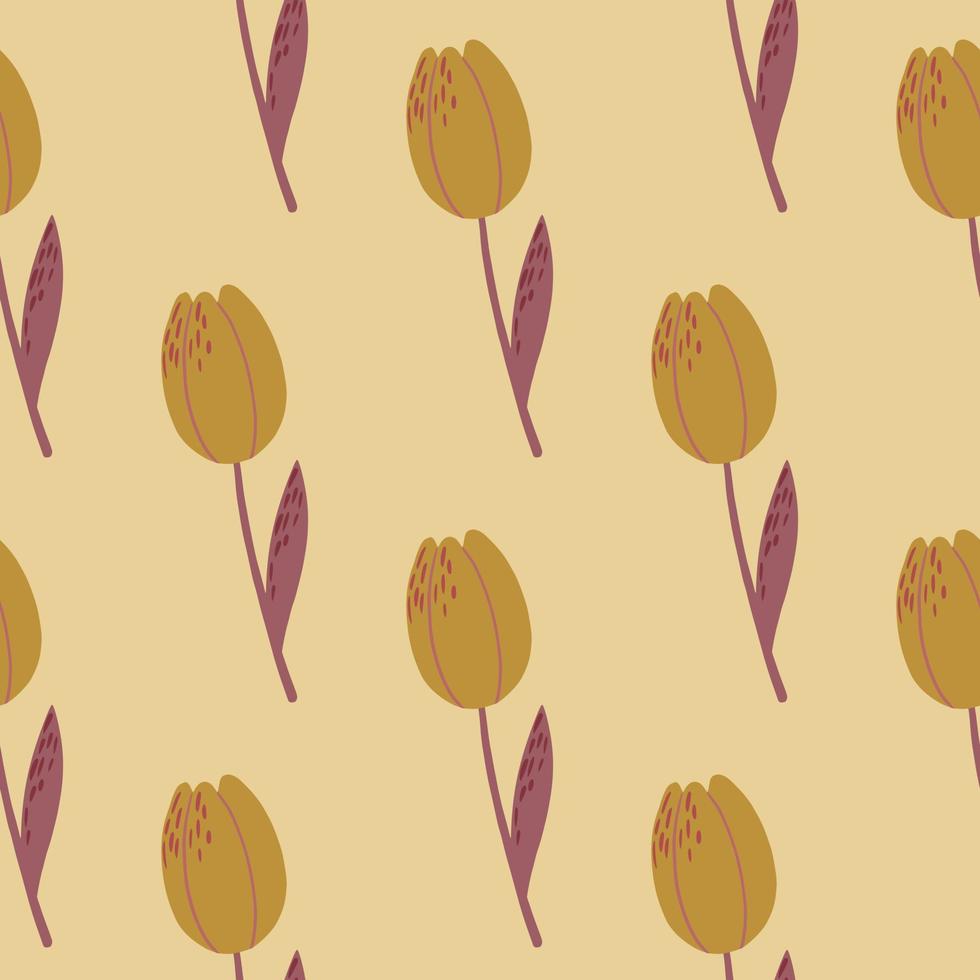 Minimalistic pale seamless botanic pattern with tulip flower silhouettes. Orange buds an maroon stems. Simple backdrop. vector