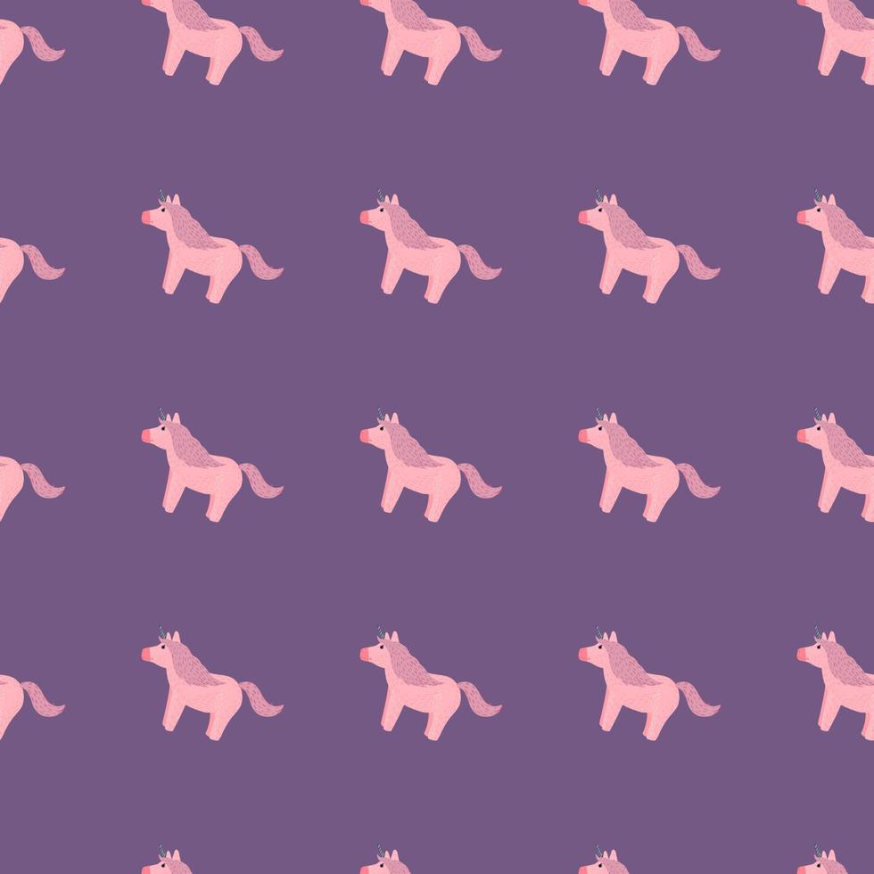Fairytale seamless pattern with hand drawn pony unicorn ornament. Purple background. vector