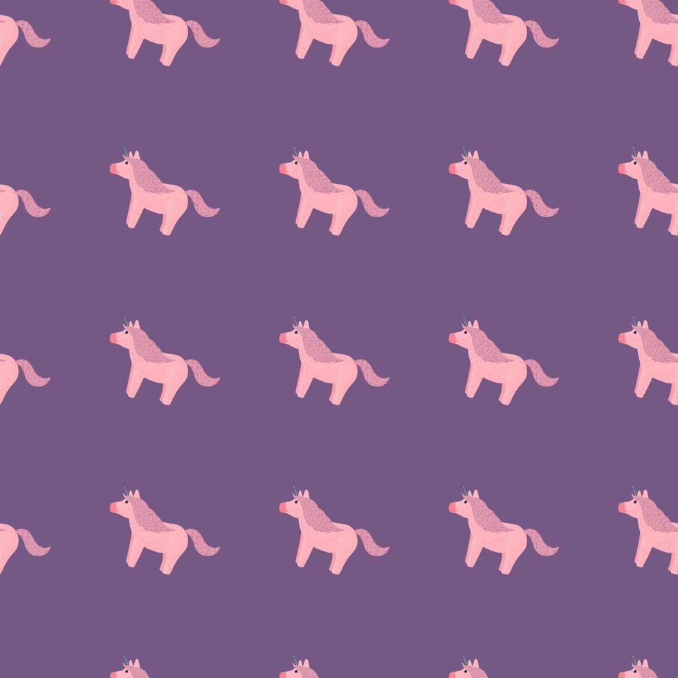 Fairytale seamless pattern with hand drawn pony unicorn ornament. Purple background. vector