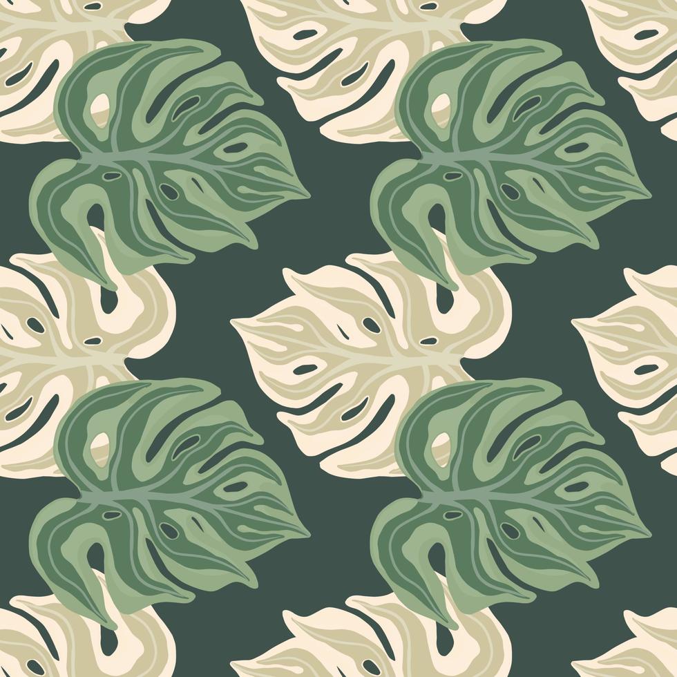 Decorative seamless pattern with abstract style monstera leaf shapes print. Dark background. Pale tones. vector