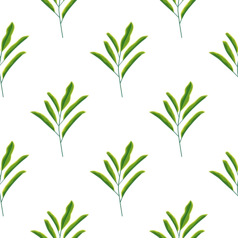 Minimalistic green leaf branches seamless pattern in hand drawn style. White background. Scrapbook ornament. vector