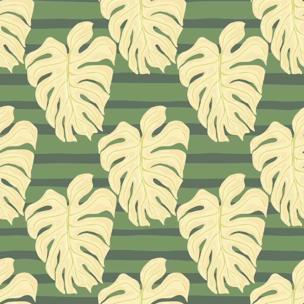 Pastel tones foliage tropic seamless pattern with light beige palm monstera print. Green striped background. vector