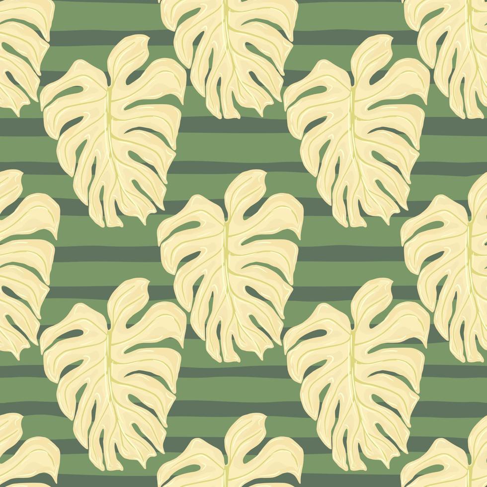 tonos pastel follaje trópico sin costuras con estampado de monstera de palma beige claro. fondo de rayas verdes. vector