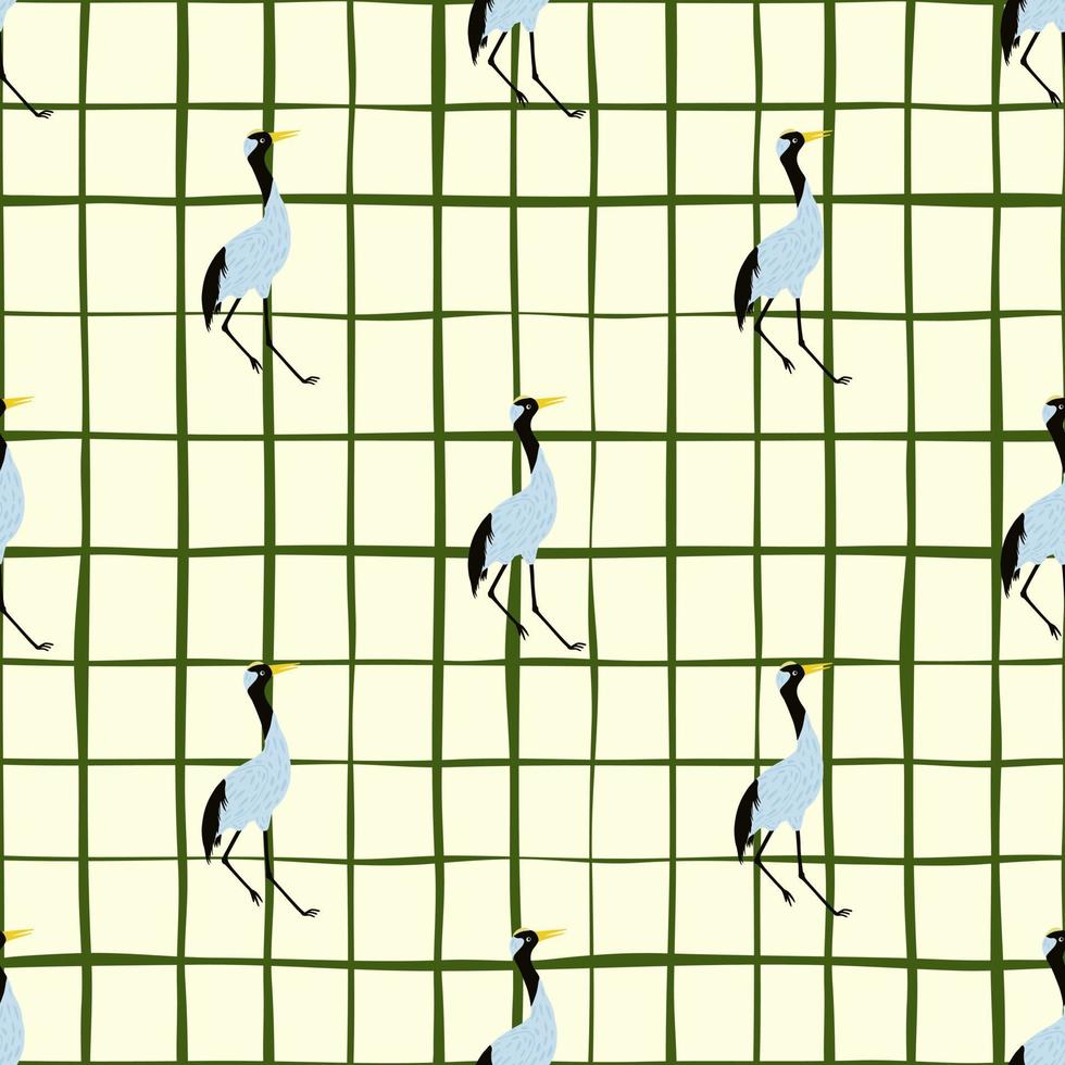 Decorative seamless pattern in hand drawn style with doodle blue crane bird ornament. Chequered background. vector