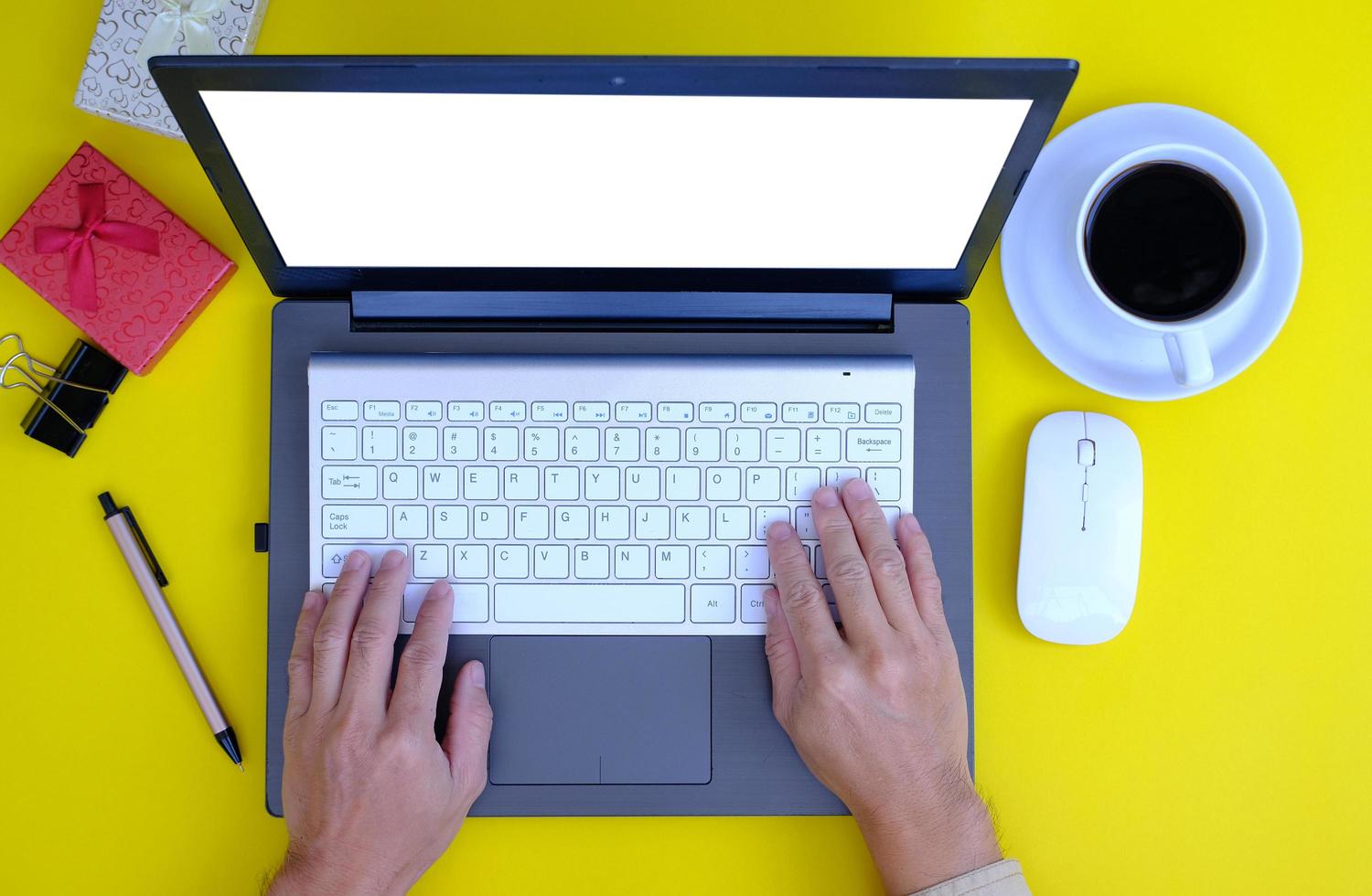 Top  view businessman hand working on desk office business and new normal working photo