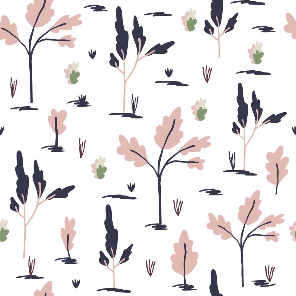 Tree forest isolated silhouettes seamless pattern. White background with pink and navy blue botanic silhouettes. vector