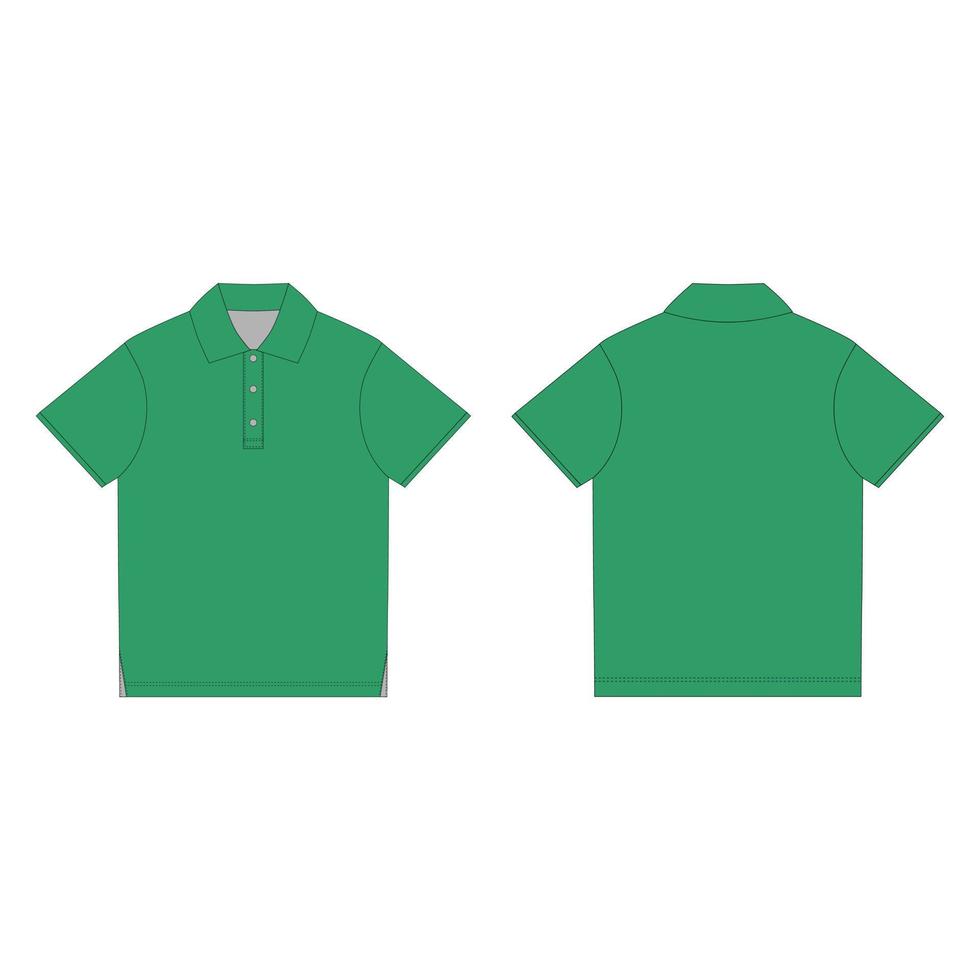 Green polo t-shirt design template. Front and back technical sketch unisex polo t shirt. vector