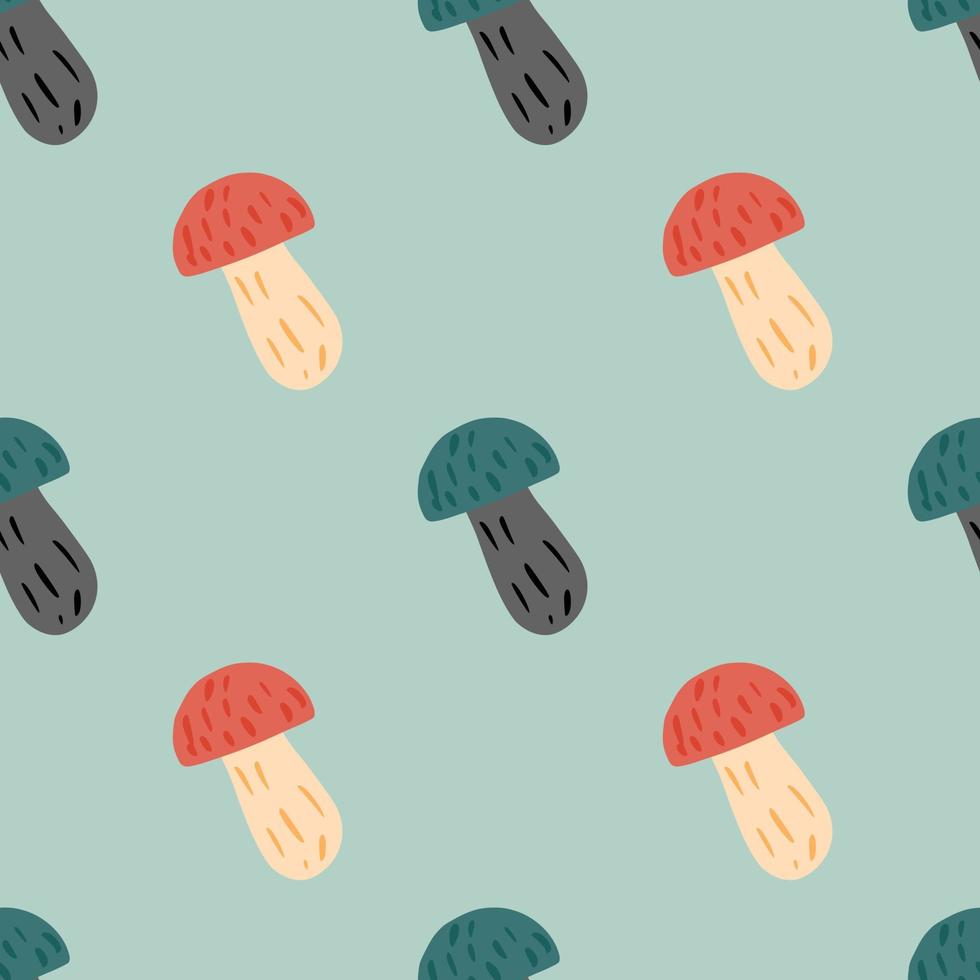 Cartoon autumn seamless pattern with red and blue mushroom ornament. Pastel blue background. vector
