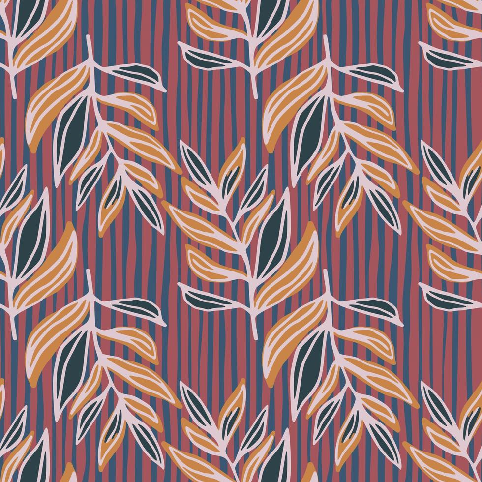 Seamless leaves branches pattern. Hand drawn botanic ornament in beige and navy tones on stripped background. vector