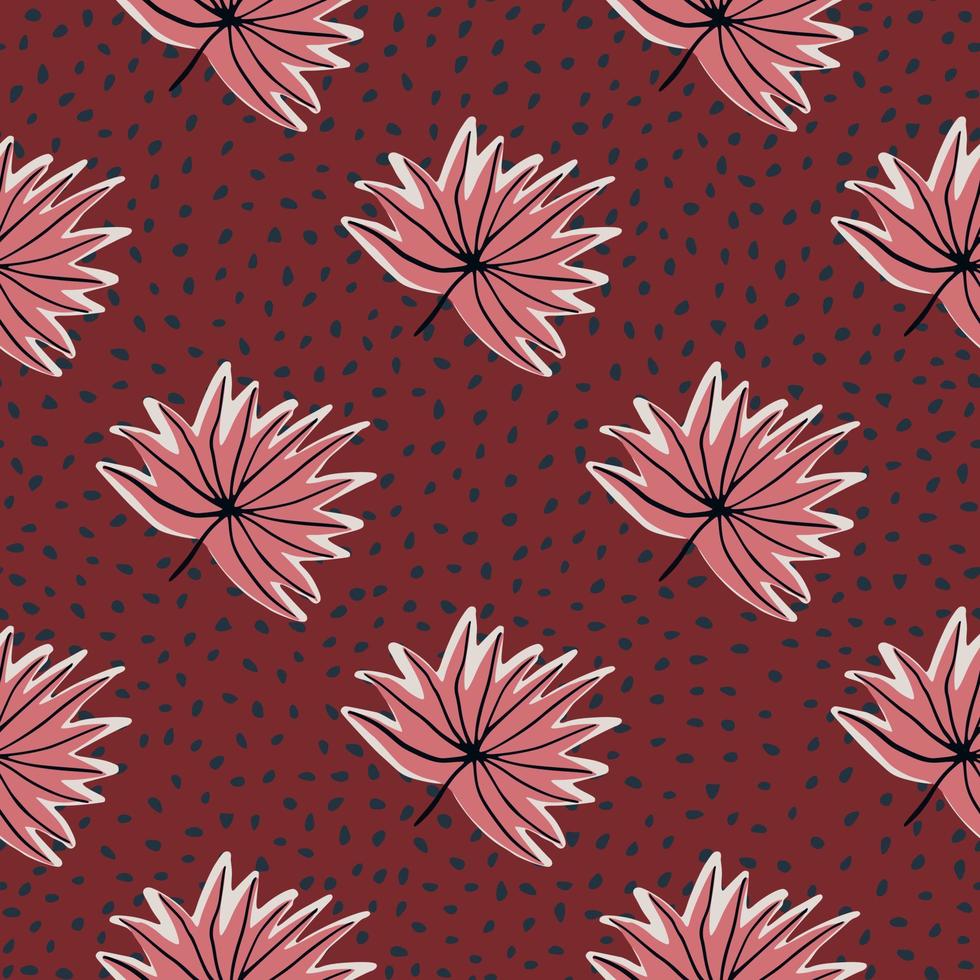 Stylized seamless pattern with hand drawn tropical leaves. Red background with dots and pink outline foliage. vector