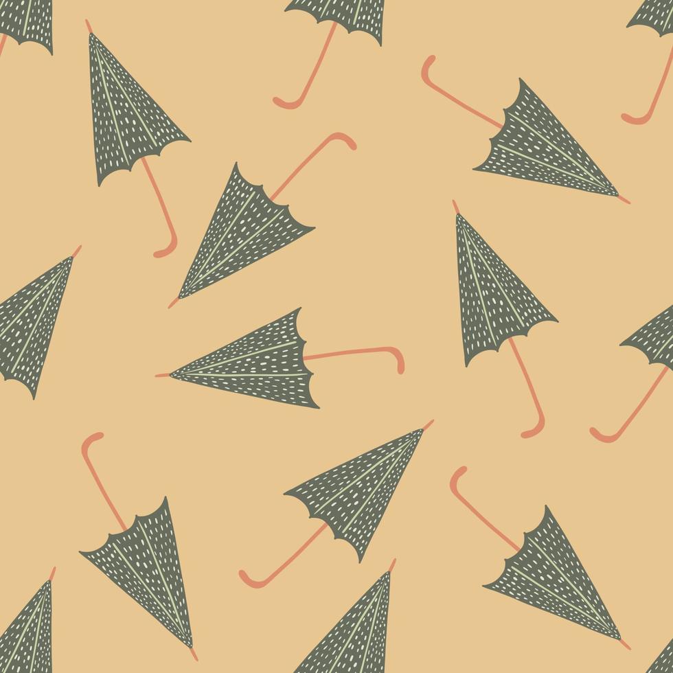 Random autumn seamless pattern with grey umbrellas. Orange pale background. Pastel palette. vector