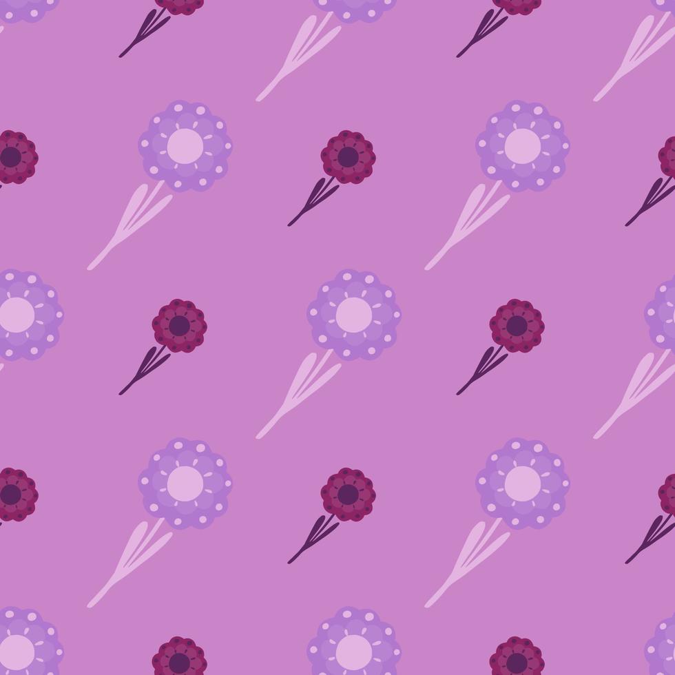 Lilac and purple tones seamless pattern with hand drawn botanic folk flowers ornament. Botanic backdrop. vector