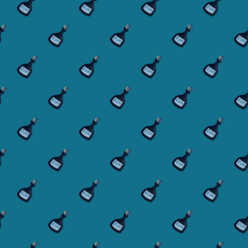 Decorative seamless alcohol pattern with rum bottles shapes. Blue background. Bar menu print. vector