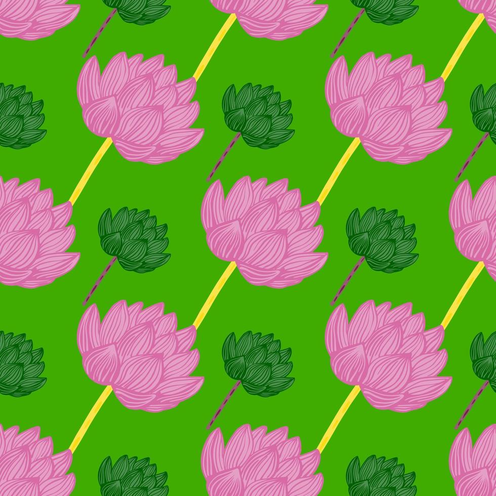 Seamless pattern with geometric pink contoured lotus flower ornament. Green background. vector