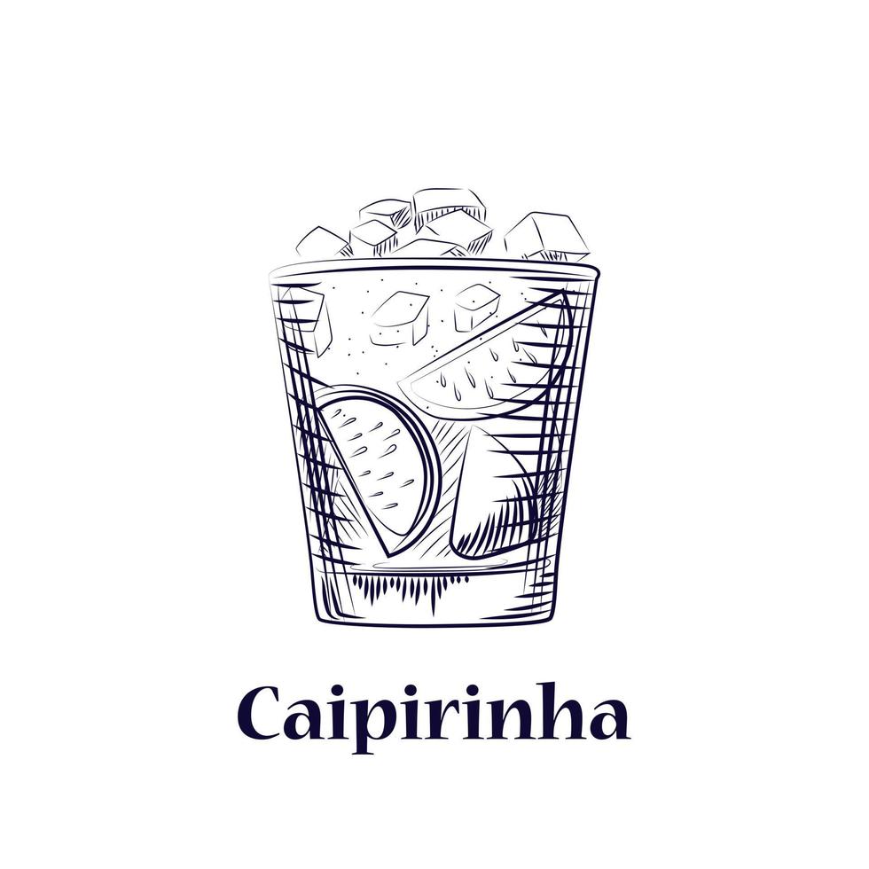 Hand drawn sketch cocktail cachaca, sugar and lime. Isolated coctail vector