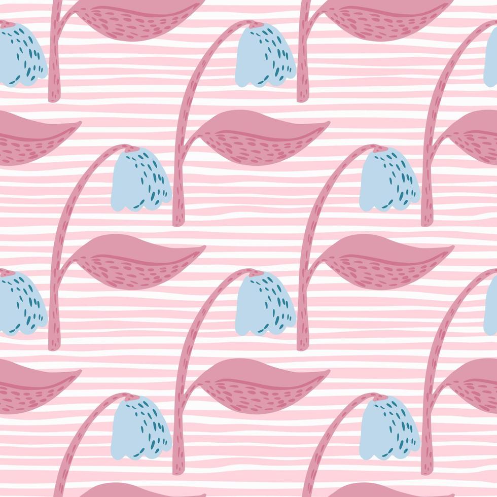 Blue campanula flower silhouettes seamless doodle pattern. Stylized botanic ornament with pink stripped background. vector