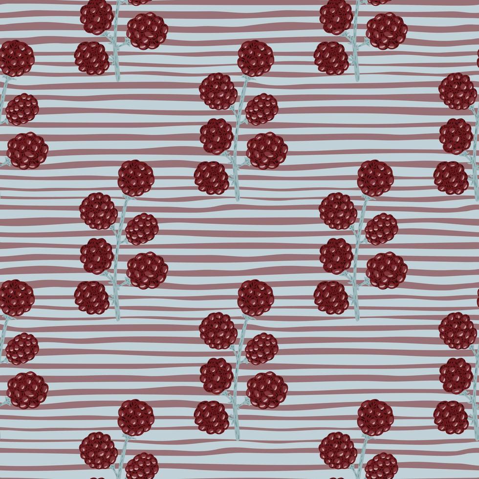 Maroon blackberries ornament doodle seamless pattern. Striped background with blue lines. vector