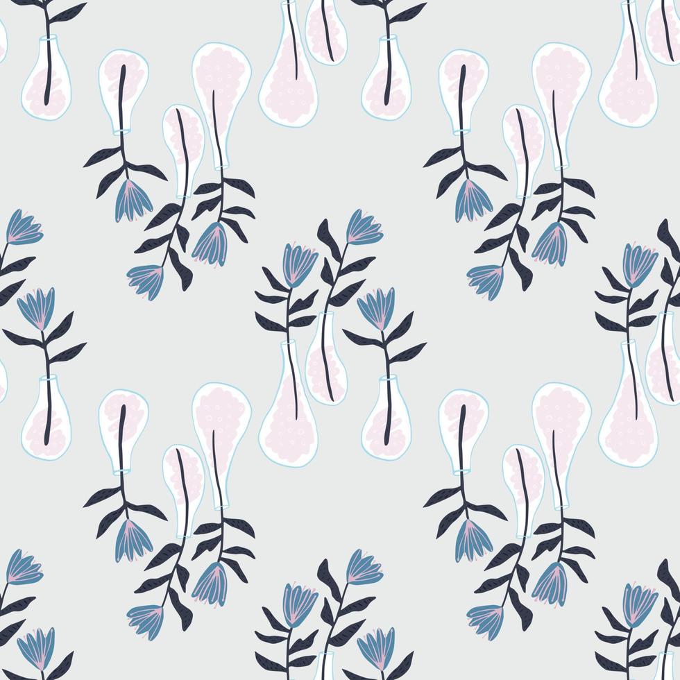 Floral seamless doodle pattern with vases and flowers. Light blue background with navy tulip elements. vector