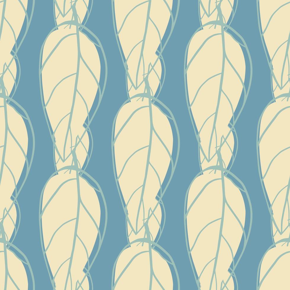 Pastel light abstract leaves seamless pattern. Contoured ornament on blue background. Contrast floral print. vector