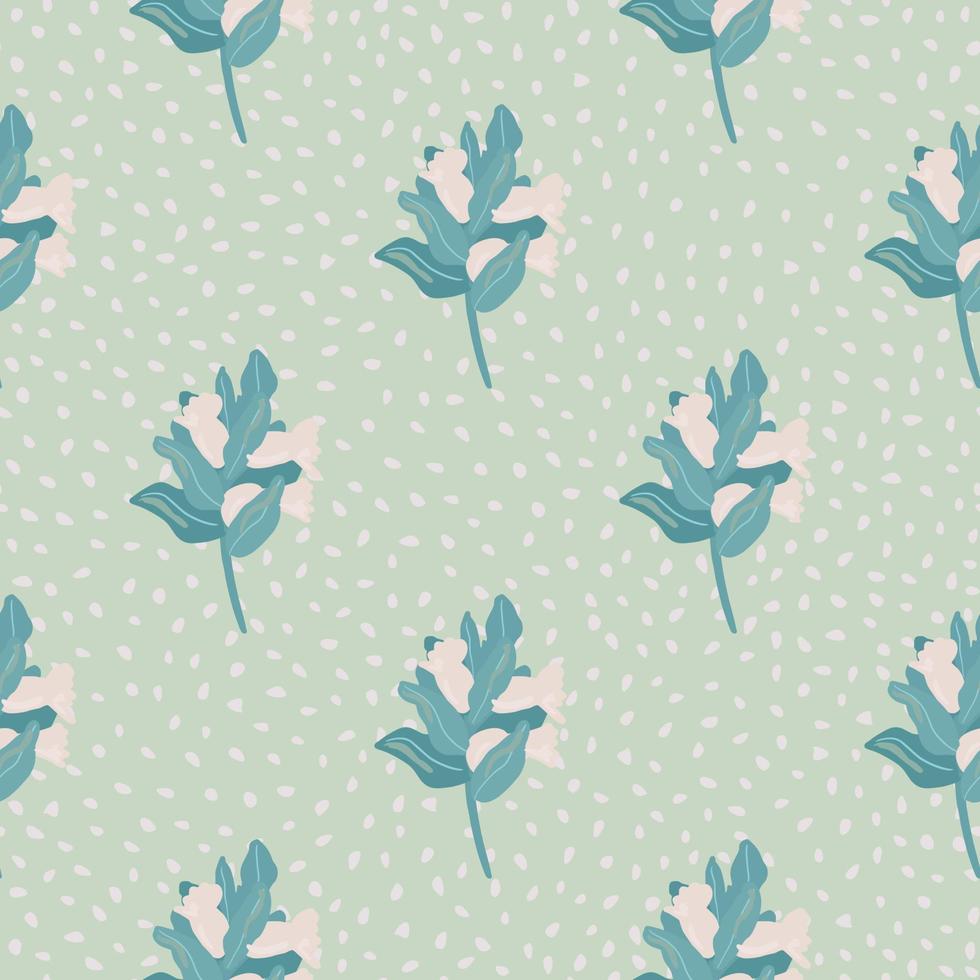 Seamless botanic pattern with brnaches and berries. Simple hand drawn floral silhouettes in pale pink and blue colors. Dotted background. vector