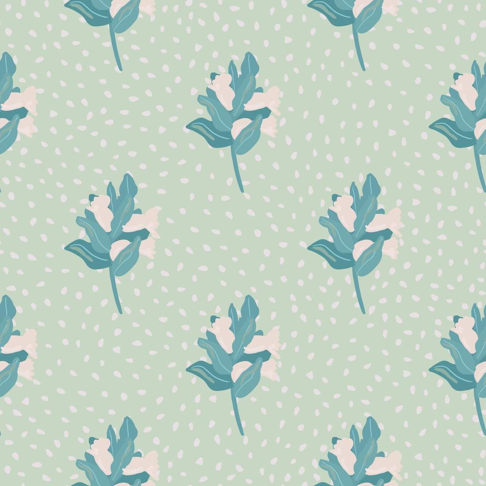 Seamless botanic pattern with brnaches and berries. Simple hand drawn floral silhouettes in pale pink and blue colors. Dotted background. vector