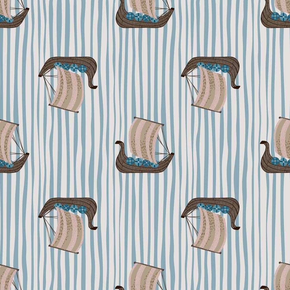 Seamless pattern with doodle beige and brown colored snailing ship elements. Blue and white striped background. vector