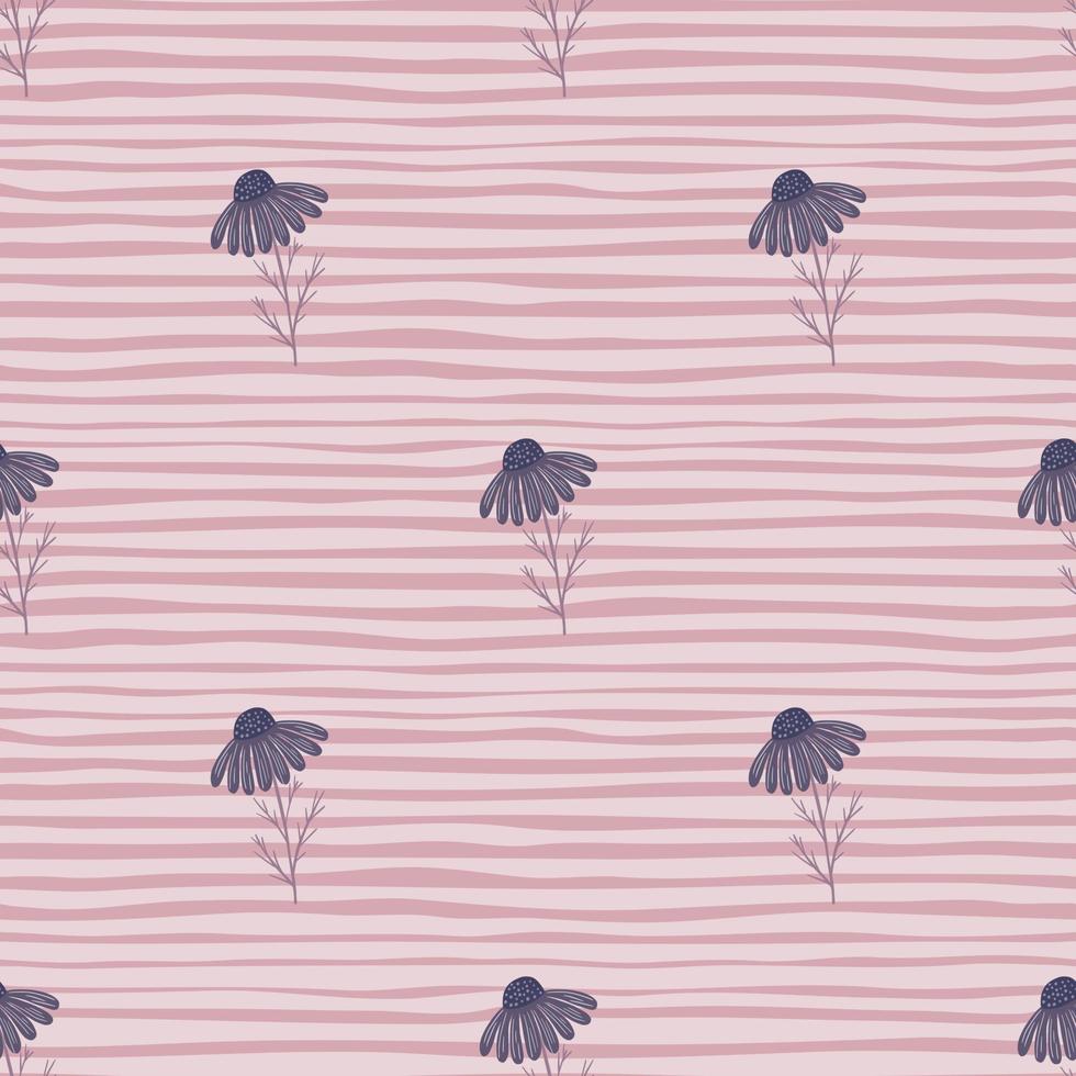 Meadow seamless pattern with simple purple daisy flowers shapes. Pink striped background. Doodle print. vector