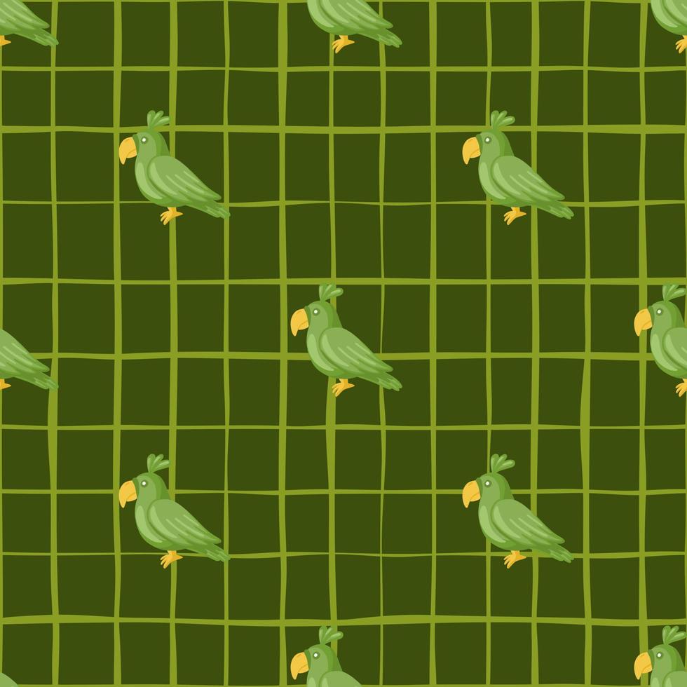 Animal decorative seamless pattern with doodle parrot elements. Green chequered background. vector