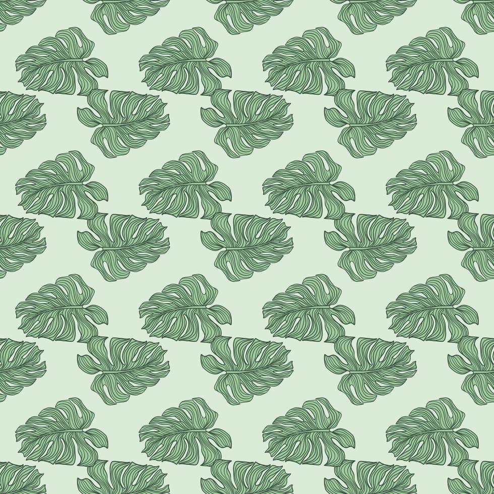 Monstera leaves silhouette seamless pattern on light green background. Geometric summer tropic foliage backdrop. vector