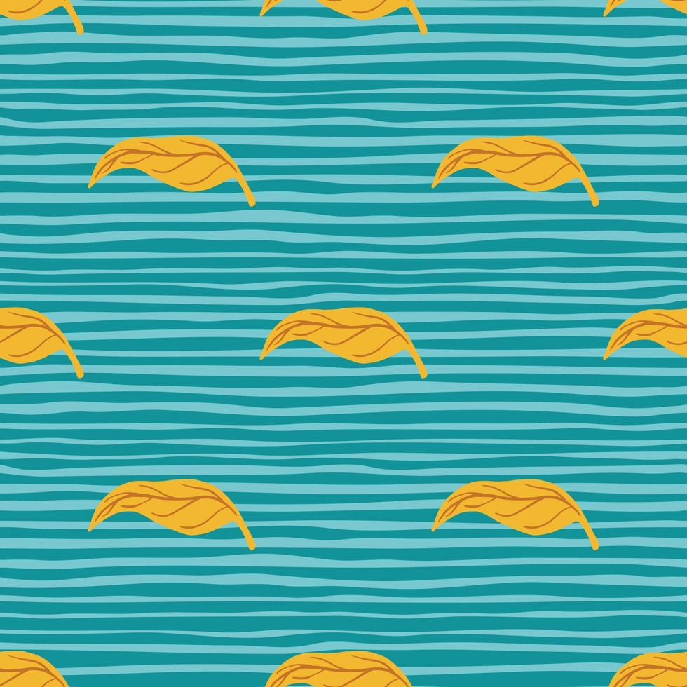 Orange minimalistic mandarin shapes seamless doodle pattern. Blue bright background with stripes. vector