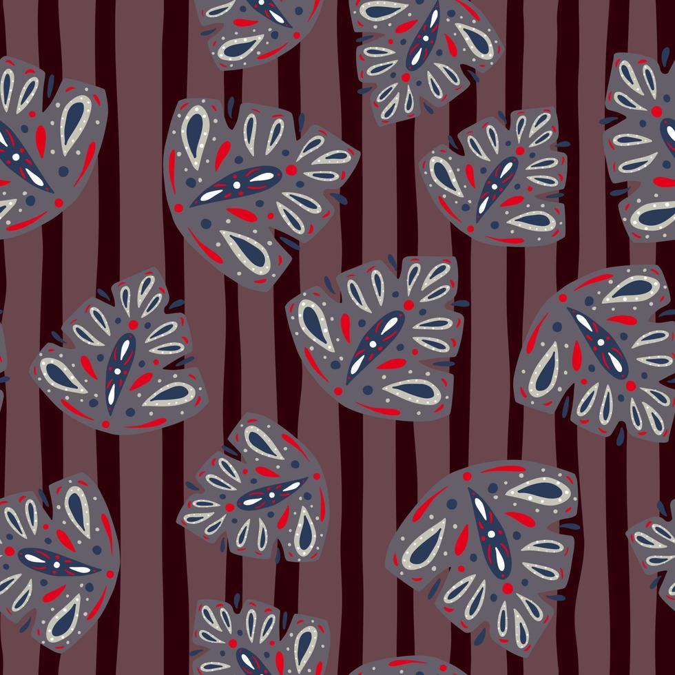 Floral nature seamless pattern with random grey folk monstera leaves print. Maroon striped background. vector