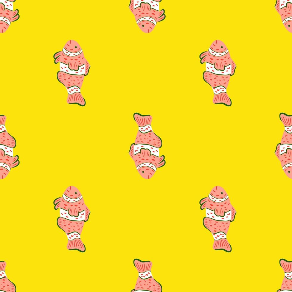 Bright abstract seamless pattern with doodle pink clown fish silhouettes. Yellow background. Simple style. vector
