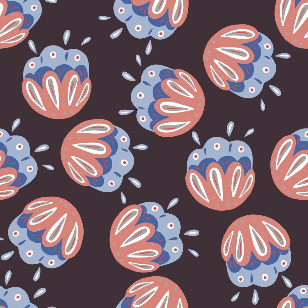 Blue and pink colored folk flowers seamless pattern in hand drawn style. Brown background. Random floral print. vector