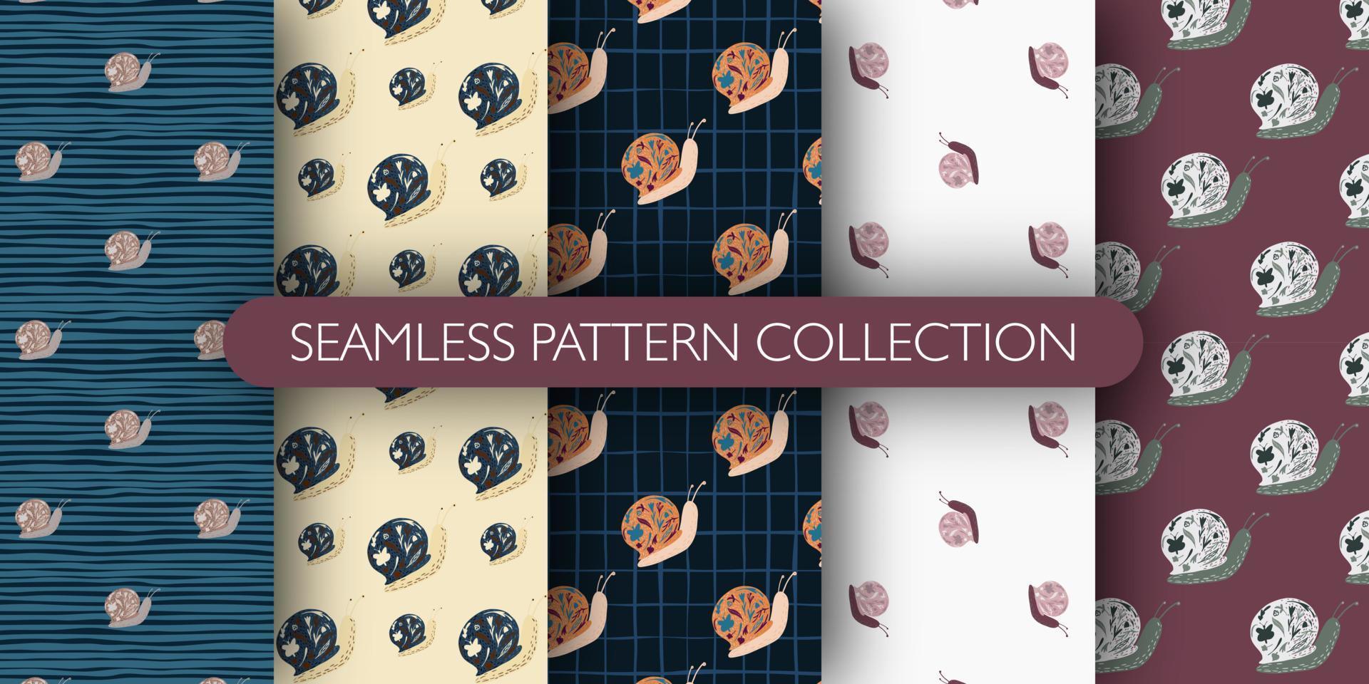 Set of seamless creative fauna pattern with snail ornament. Cute wildlife animal collection. vector