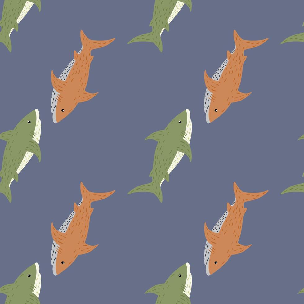 Minimalistic cartoon seamless pattern with green and orange sharks. Pastel blue background. vector