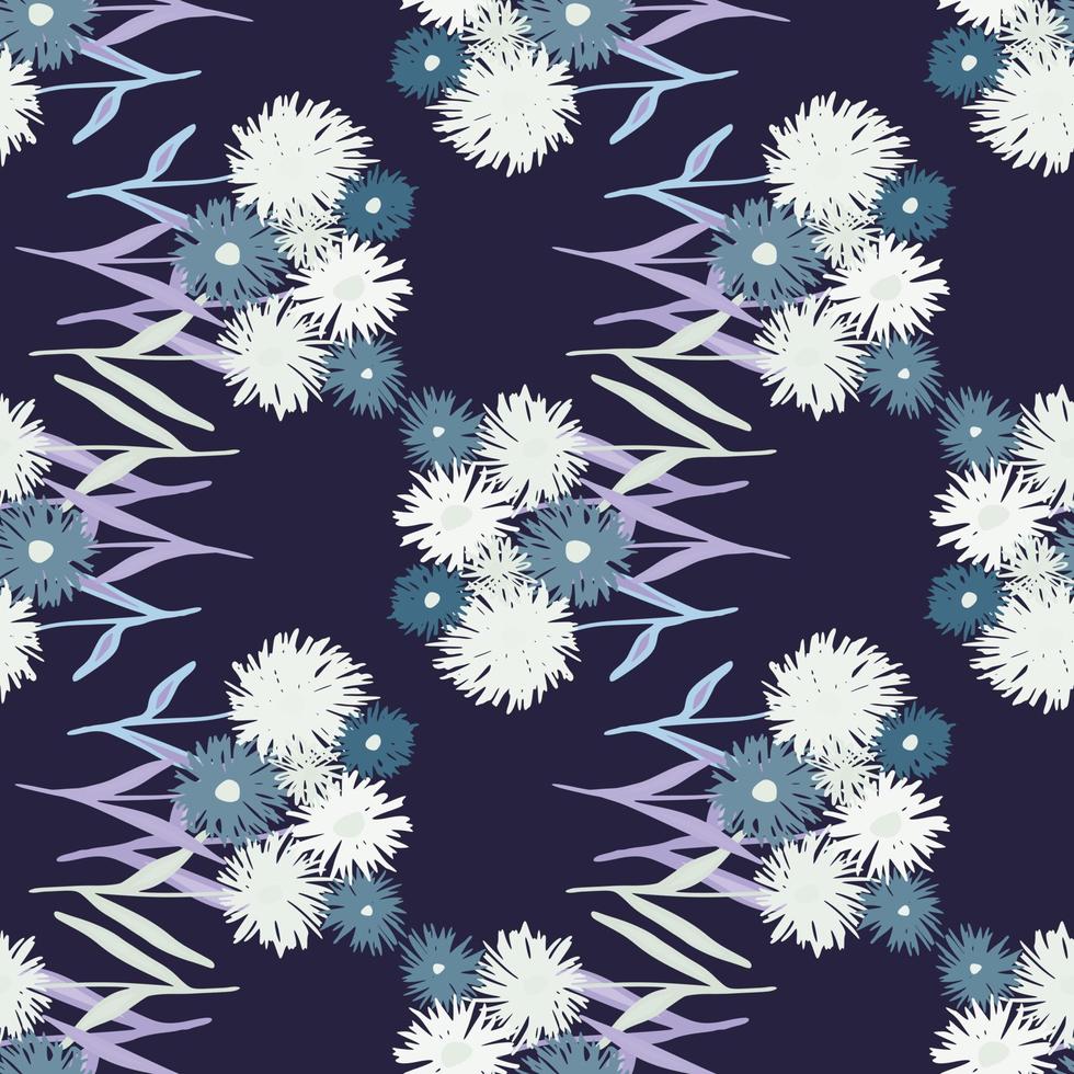 Hand drawn seamless pattern with white and navy blue abstract blowball bouquet. Dark background. Simple design. vector