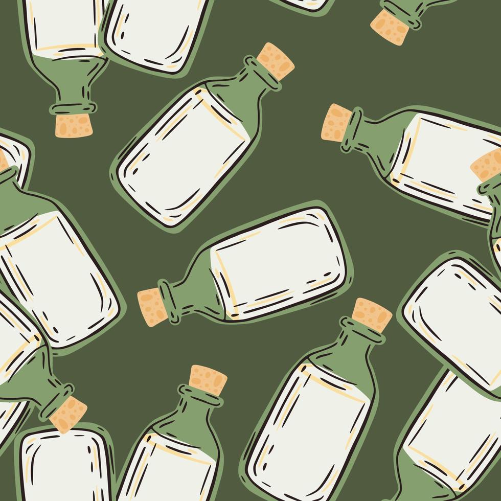 Random seamless pharmacy pattern with white and green colored medical bottles. vector