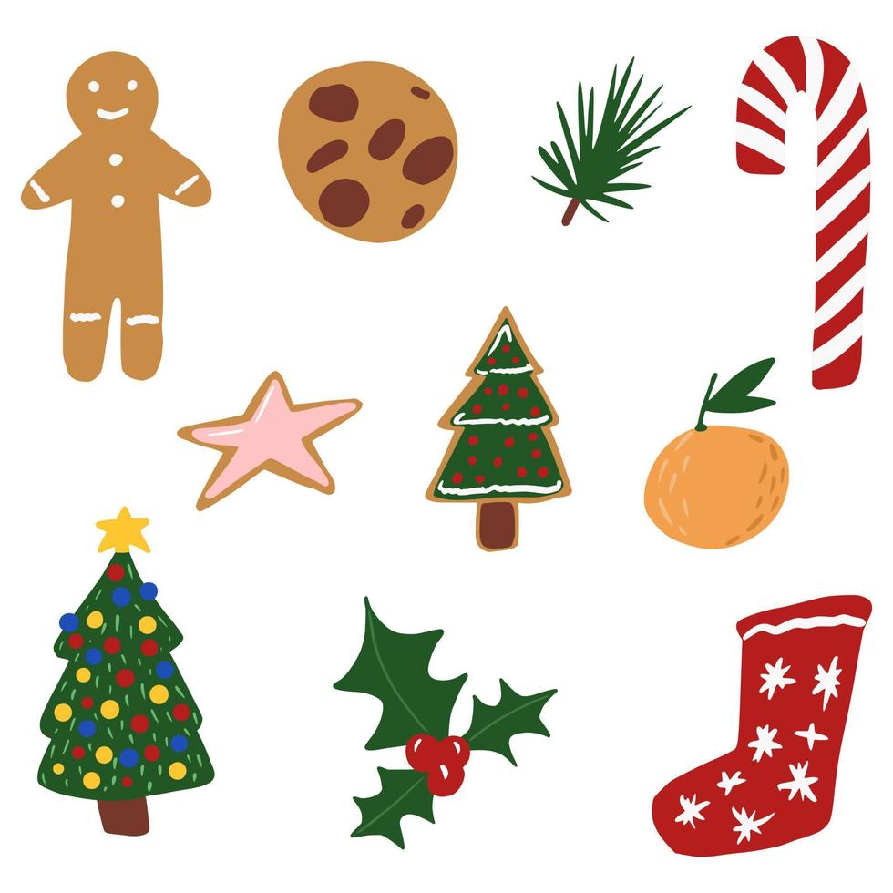 establecer elementos navideños sobre fondo blanco. símbolos abstractos árbol de navidad, pan de jengibre, calcetín, mandarina, galletas, inicio, muérdago, dulces en garabato. vector
