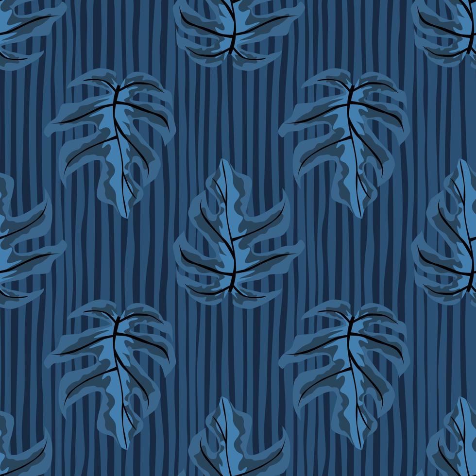 Decorative seamless pattern with doodle monstera leaves ornament. Striped background. Navy blue dark palette print. vector
