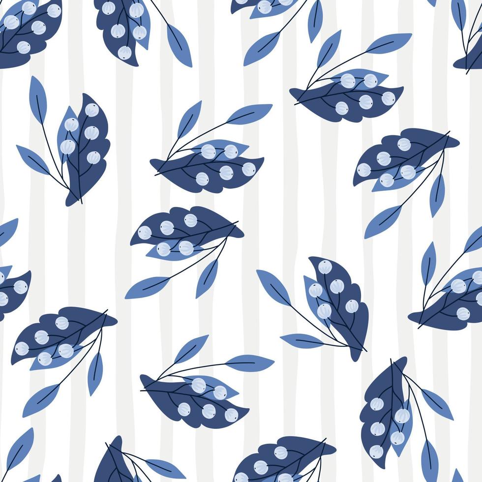 Nature organic seamless pattern with navy blue rowan berry print. Light striped background. Simple style. vector