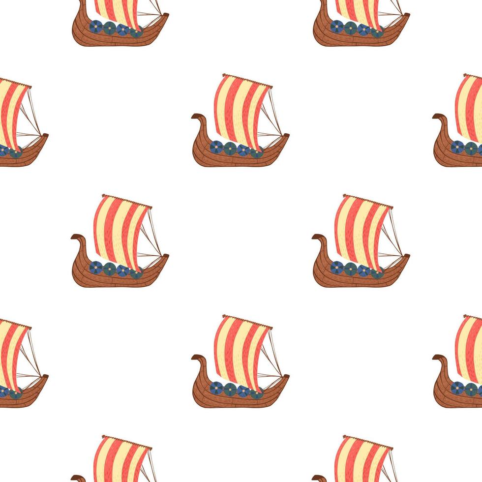 Isolated seamless sailing ship silhouettes with red details. White background. Ancient trasnport backdrop. vector