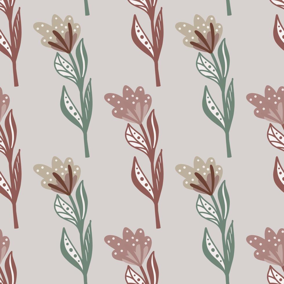 patrones sin fisuras de tonos pálidos con formas de flores simples contorneadas de color rosa y verde. fondo gris estilo botánico. vector