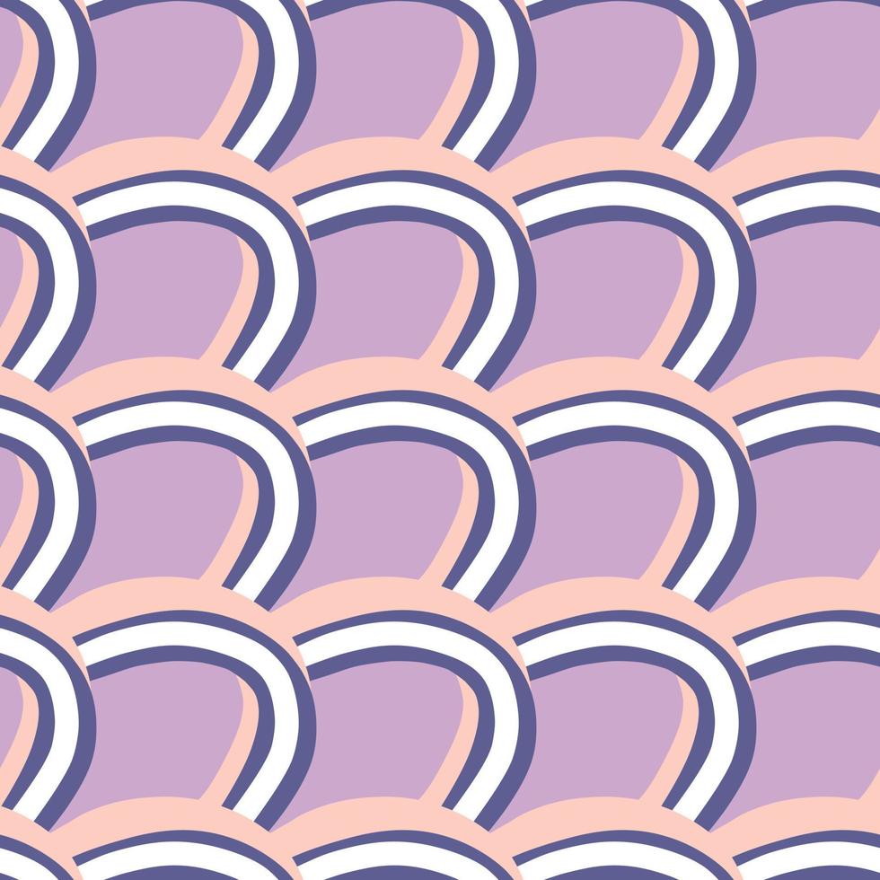 Hand drawn pink colored abstract rainbow shapes seamless pattern. Pastel purple background. Simple style. vector