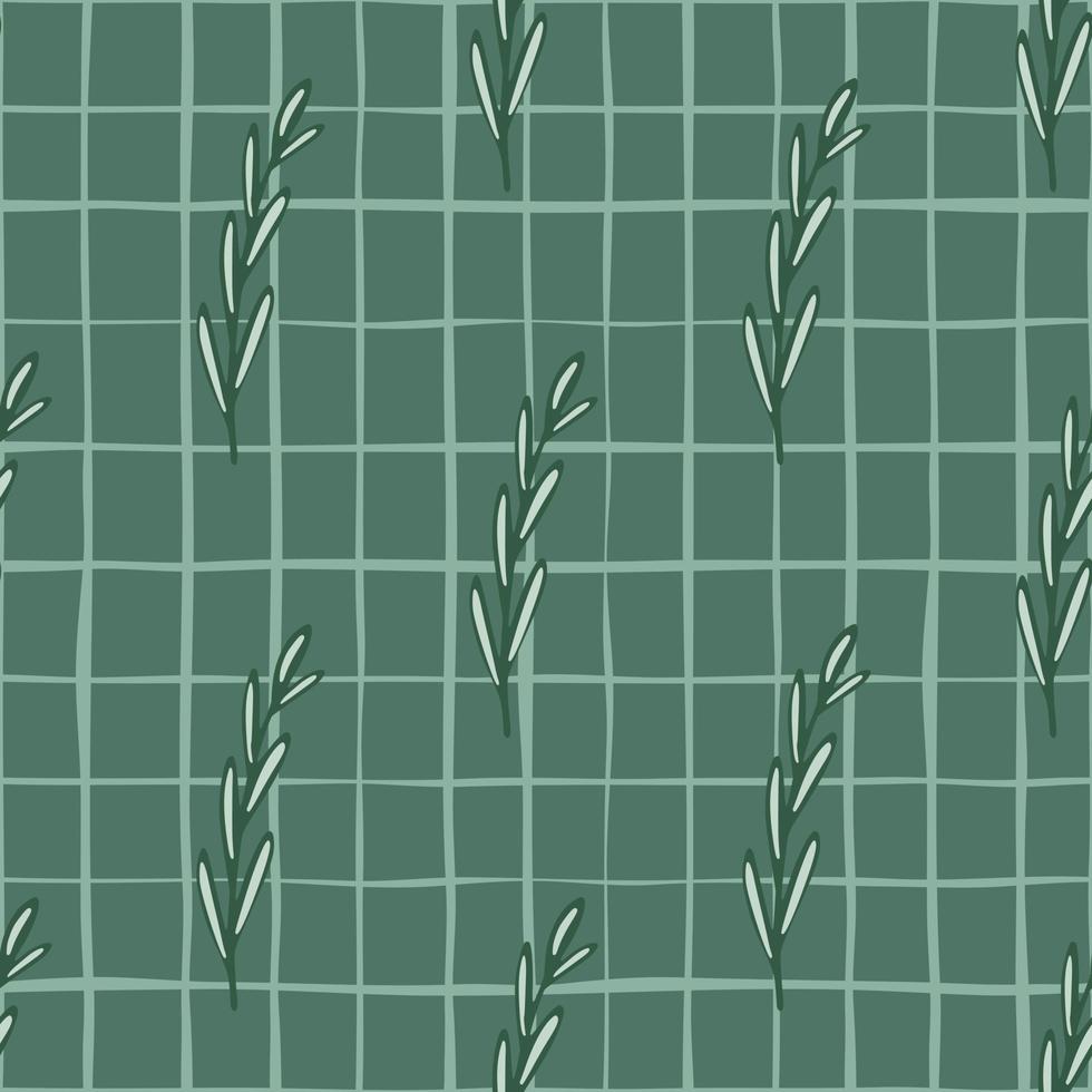 Hand drawn nature seamless pattern with doodle herbal twigs shapes. Turquoise chequered background. vector