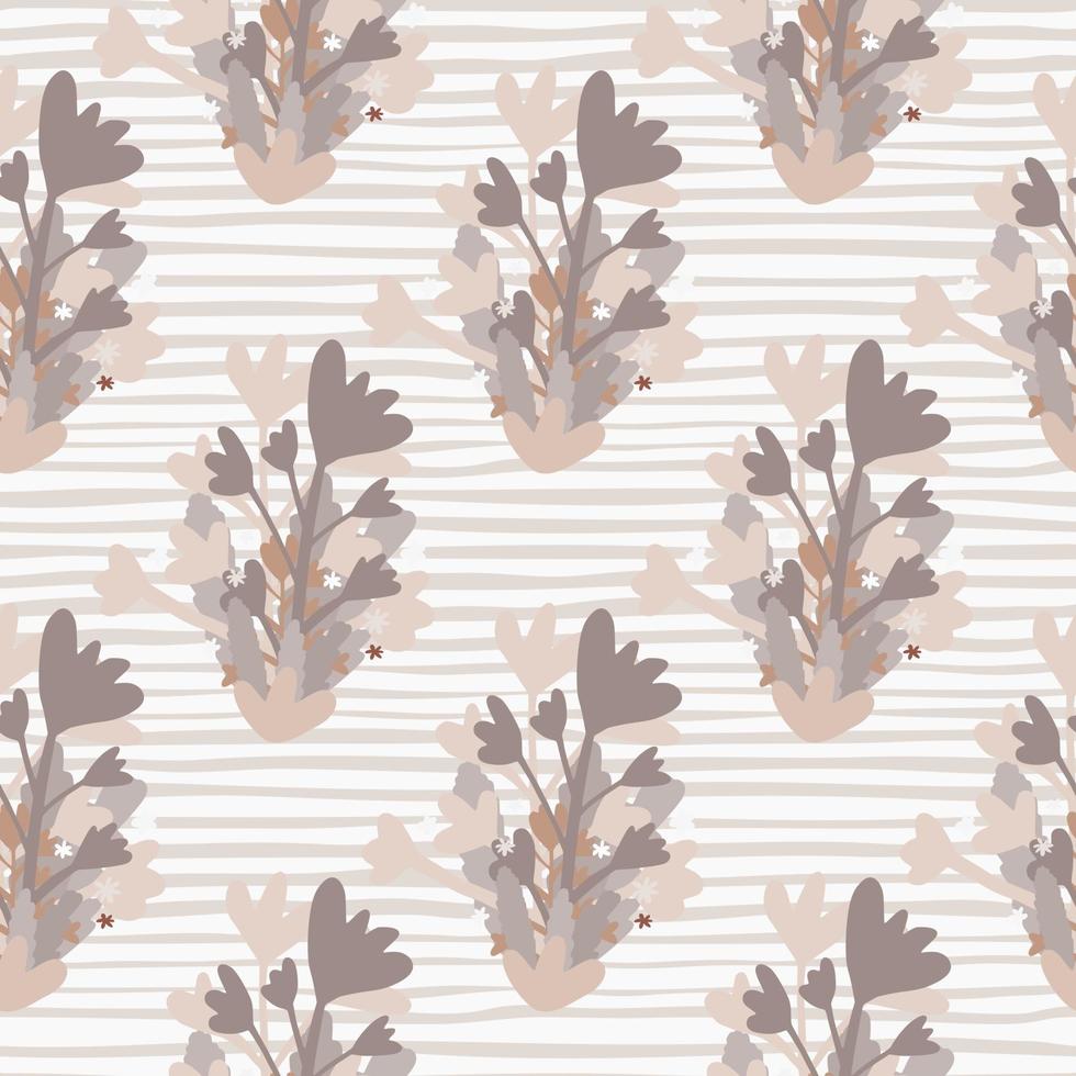 Pastel seamless doodle pattern with flowers silhouettes. Stripped background and botanic elements on purple and lilac tones. vector