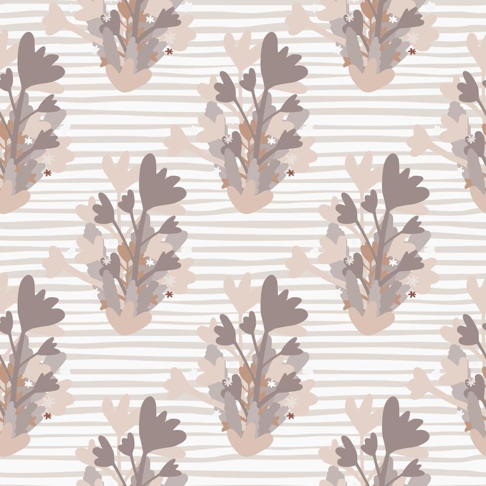 Pastel seamless doodle pattern with flowers silhouettes. Stripped background and botanic elements on purple and lilac tones. vector