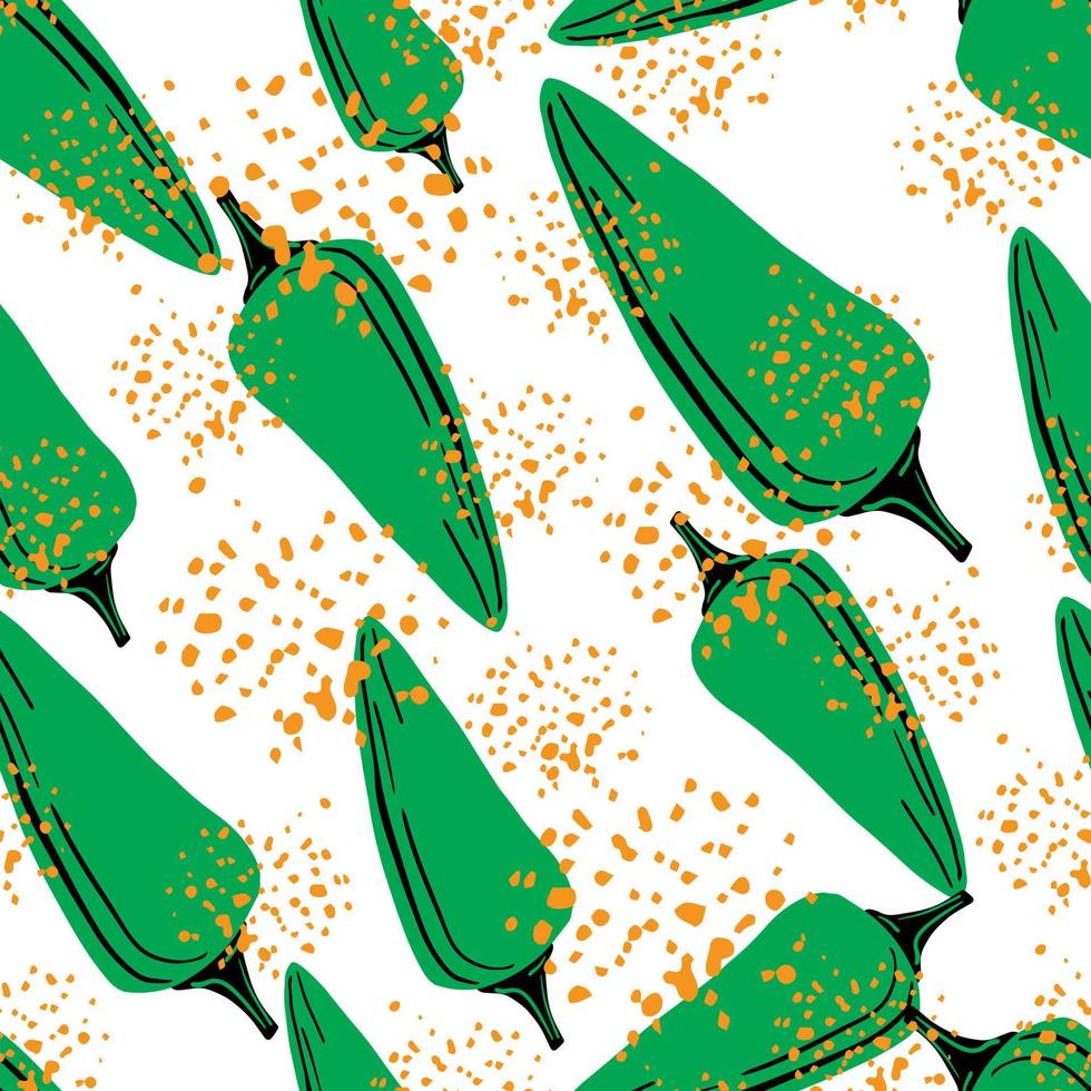 Chilli seamless pattern on dots background. Chile peppers wallpaper. vector